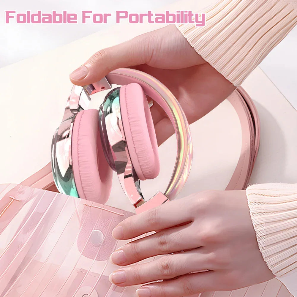 Glossy Gradient Pink Bluetooth5.3 Headphone For Girl Wireless Headphone with Mic Over Ear Headset for Girlfriend Christmas Gift