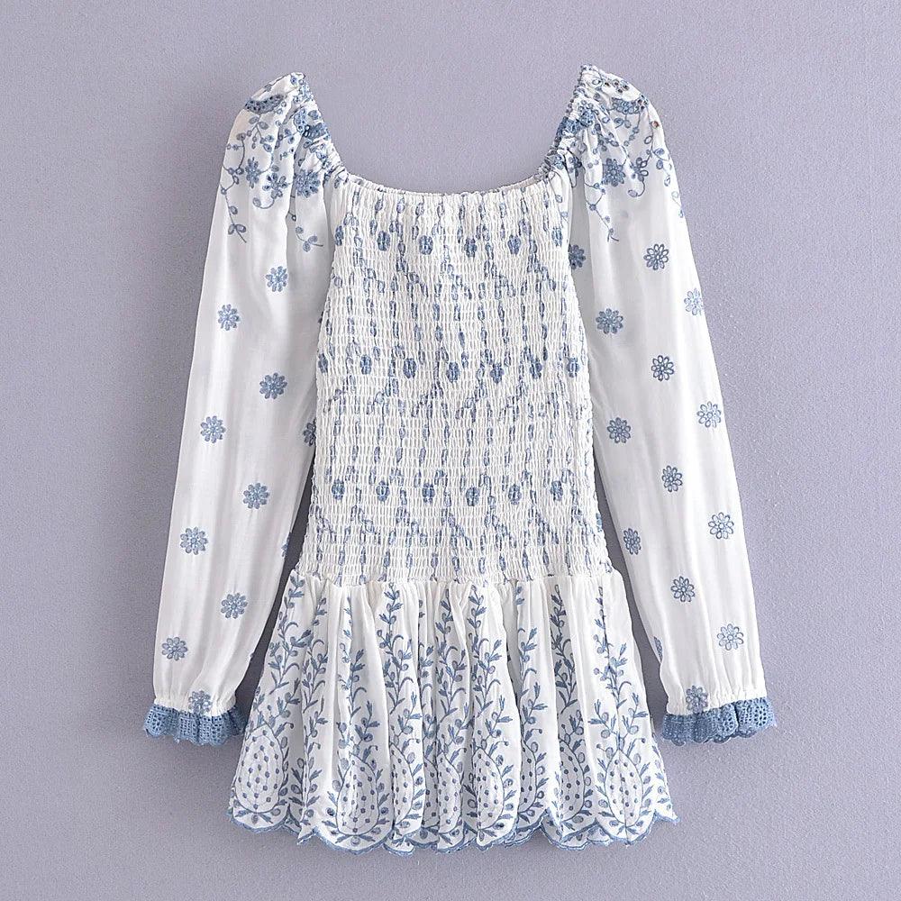2022 Fashion Women Floral Hollow Out Embroidery Elastic Mini Dress Vintage Long Sleeve Female Super-Short Dress Summer Robe