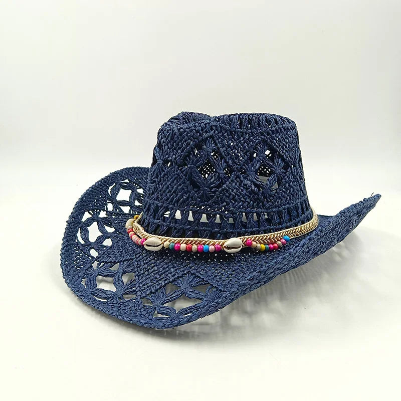 Hand-woven hollow denim straw hat men's and women's summer sunscreen hat western cowboy straw hat sombrero mujer sombrero hombre