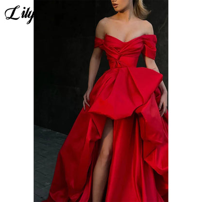 Lily Off the Shoulder Red Prom Dresses Side Split Pleat A Line Evening Dress V Neck Formal Occasion Dresses Stain فساتين الحفلات