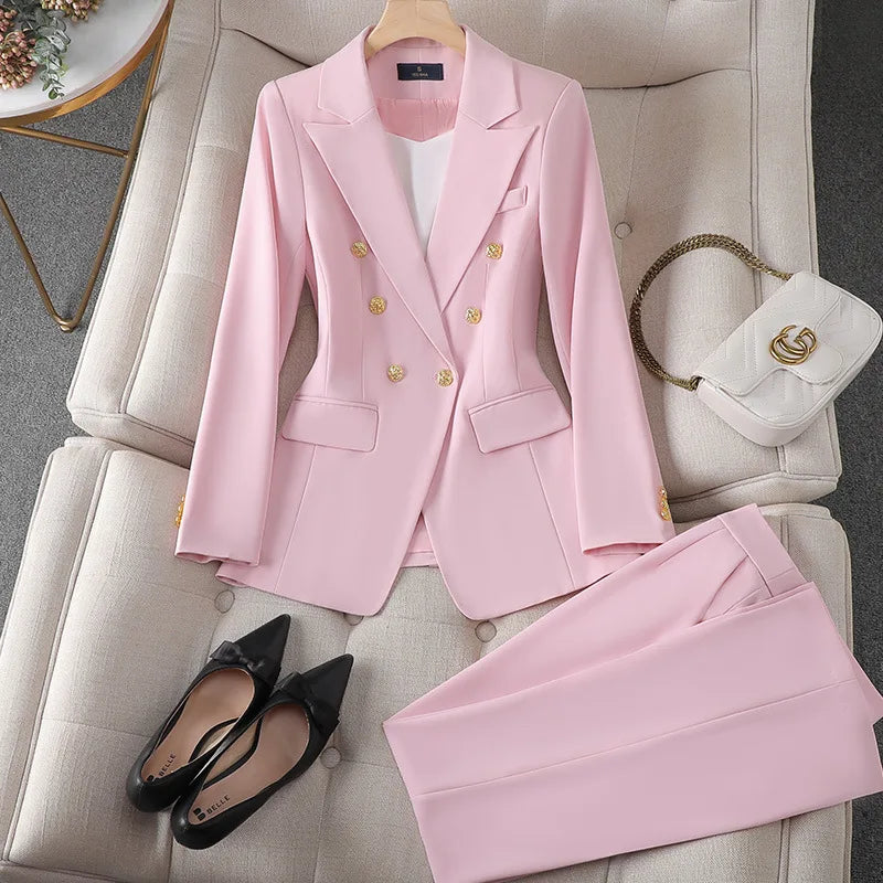 Fashion Office Ladies Formal Pant Suit Set Women Blue Pink Yellow Female Business Work Wear 2 Piece Blazer Jacket And Trouser