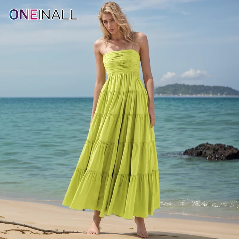 ONEINALL Solid Backless Maxi Dresses Women Square Collar Sleeveless High Waist Cutout Spliced Draped A Line Split Dress Female