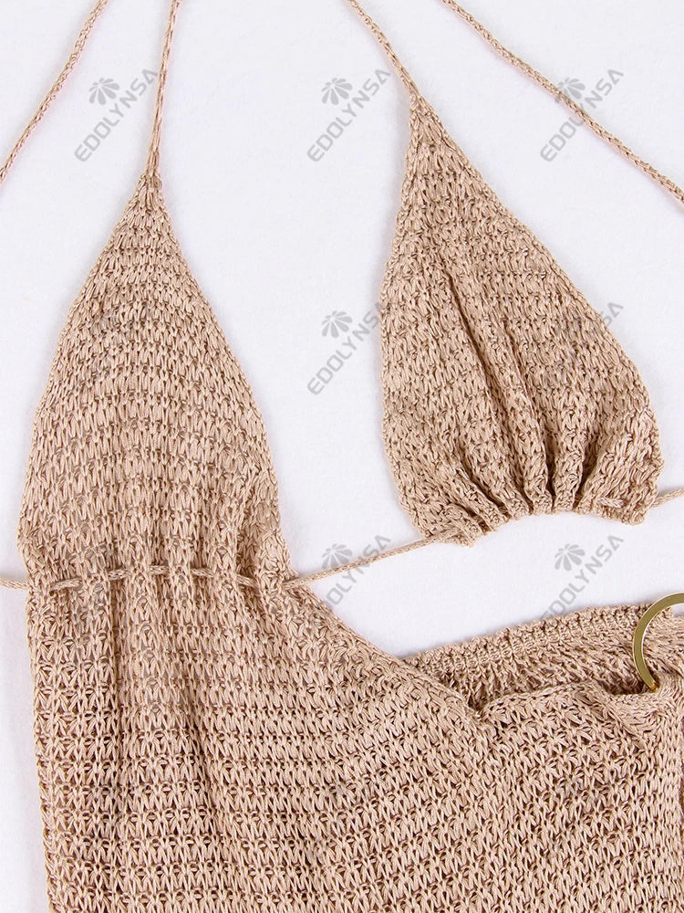 Sexy Slim Low-cut Tie Knit Halter Cut Out Circle Decoration High Slit Beach Maxi Dress 2025 Women Summer Swimsuit Cover Up K88 Luxlife Brands