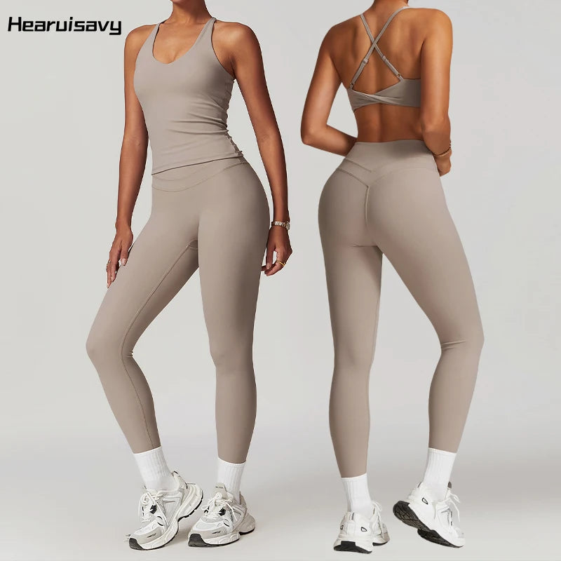 Hearuisavy 2-Piece Yoga Sets Sports Suit Women Fitness Tracksuit Running Workout Shirt Yoga Clothing Quick-Drying Gym Set Women