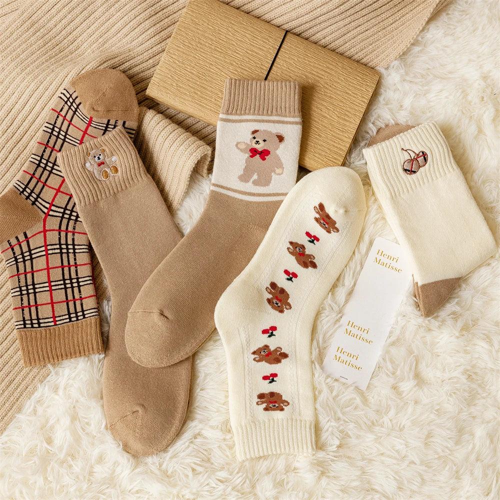 Geometric Lattice Fun Socks Japanese Style Embroidered Happy Fashion Spring Kawaii Harajuku Cotton Long Funny Autumn Female Cute LUXLIFE BRANDS