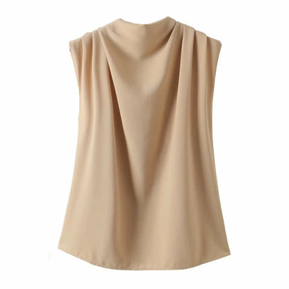 Draped Collar Womens Tops And Blouses Elegant Sleeveless Solid Office Blouse Ladies Shirt Casual Top Female Streetwear
