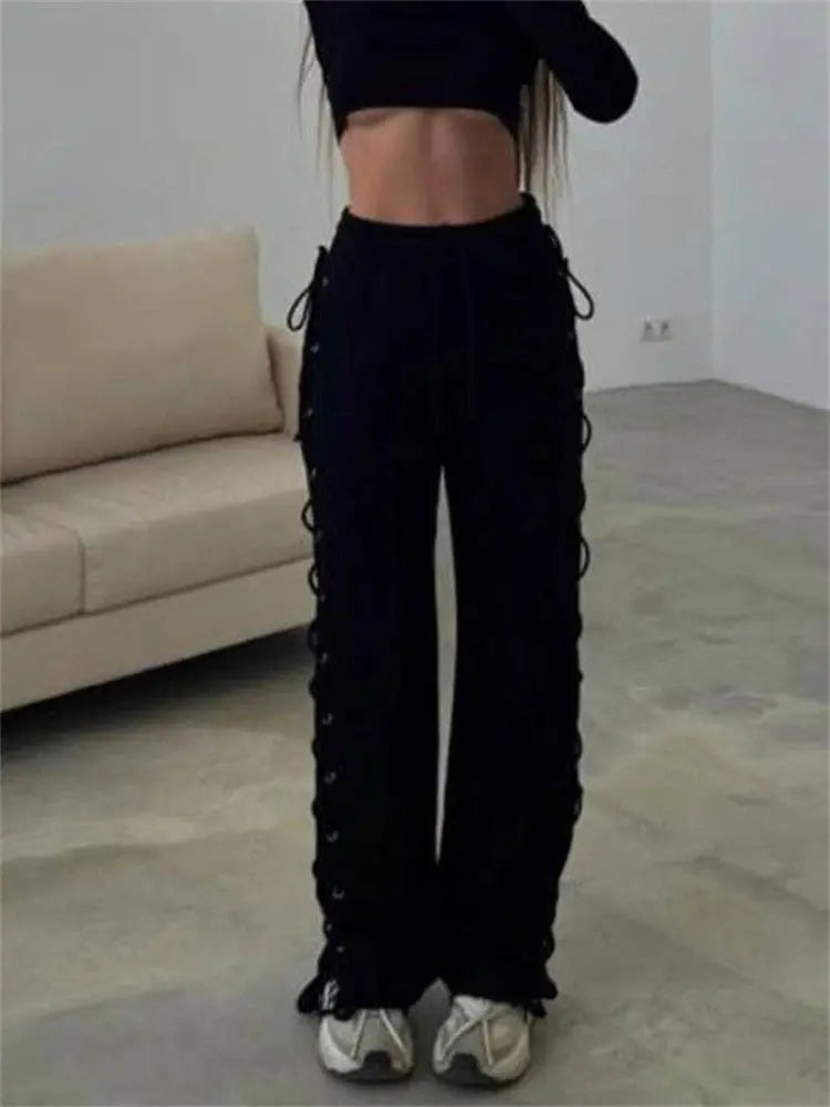 Fantoye Hollow Out Solid Drawstring Women Pants Lace Up High Waist Patchwork Casual Female Cargo Pants