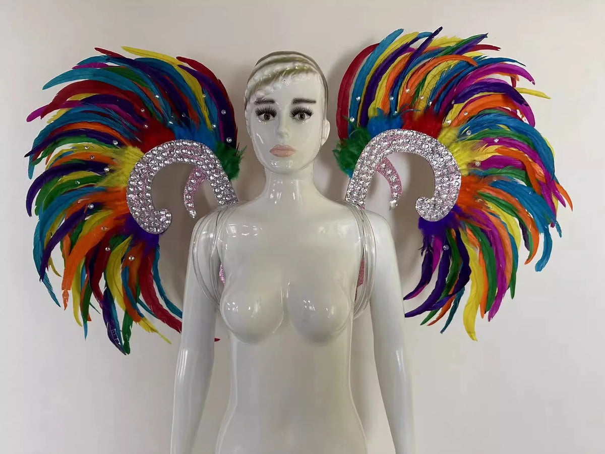 Showgirl Feather Wing Backpiece with Rhinestone Scroll Frames