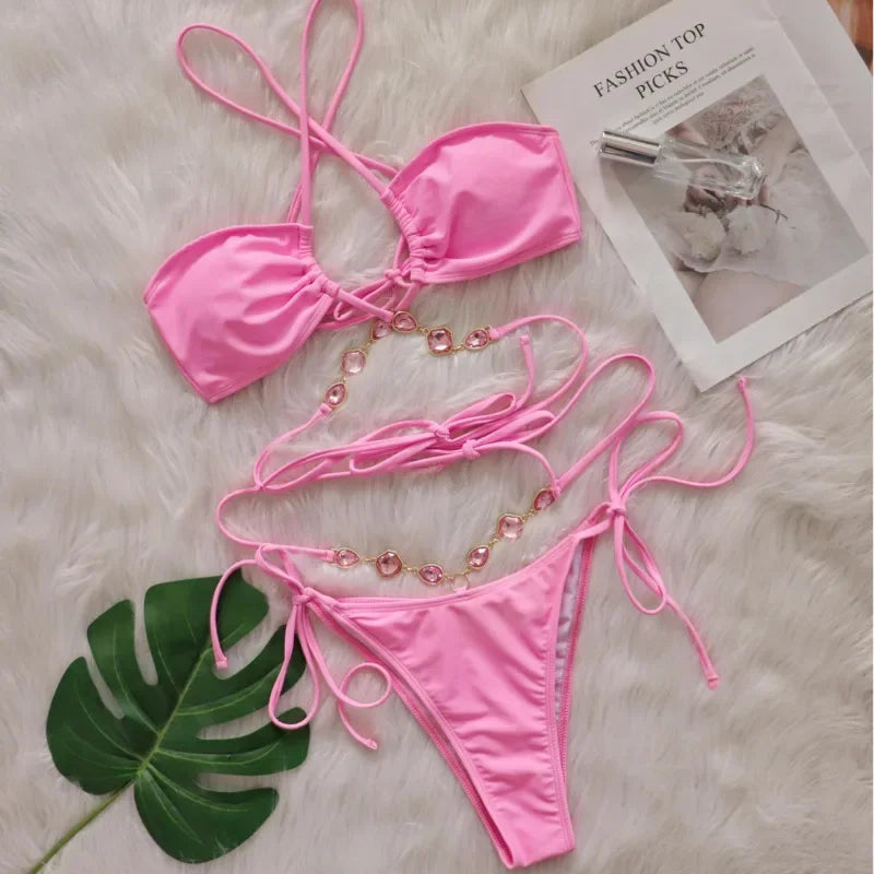 Pink Sexy Bikinis Swimsuit With Rhinestones Women Swimwear Female Push Up Bikini Beach Swim Wear Bathing Suit Pool Bather 2025 Luxlife Brands