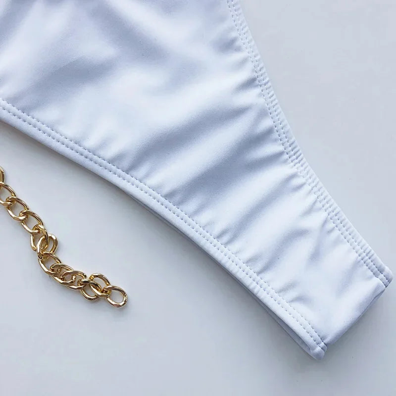 Sexy Metal Chains String High Cut One Piece Swimsuit Women Swimwear Female Monokini Tummy Cut Out Bathing Suit Swim Beach Wear
