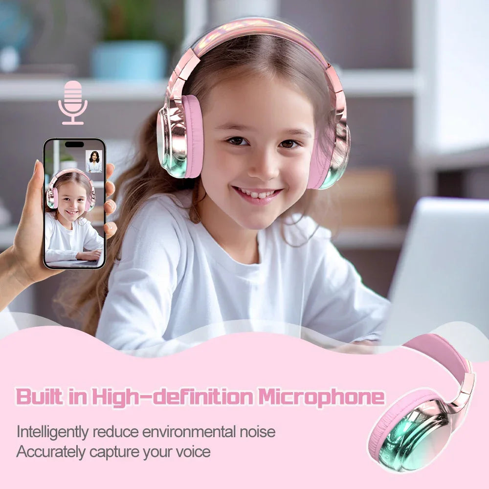 Glossy Gradient Pink Bluetooth5.3 Headphone For Girl Wireless Headphone with Mic Over Ear Headset for Girlfriend Christmas Gift