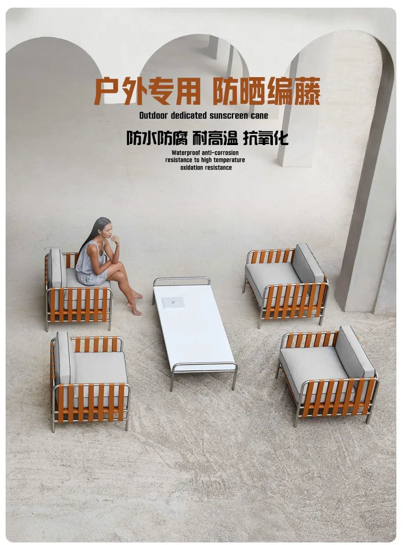 Outdoor stainless steel sofa rattan courtyard villa rain and sun coffee table combination