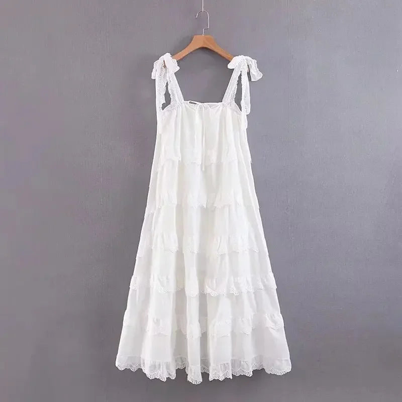 Long Dress Women Bohemian Cake Layer Big Swing Solid Sleeveless Ruffles Spaghetti Strap Strapless Womens Dresses Lugentolo