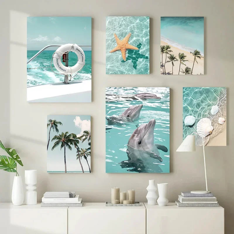 Sea Beach Posters Wall Art Canvas Painting Whale Starfish Coconut Shell Summer Seaside Scenery Pictures Nordic Room Home Decor