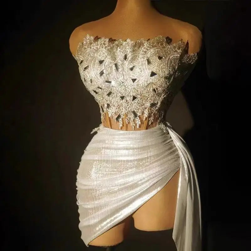 The Stardust Siren Draped Mini Dress – Luxury Rhinestone Mesh Stage Dress