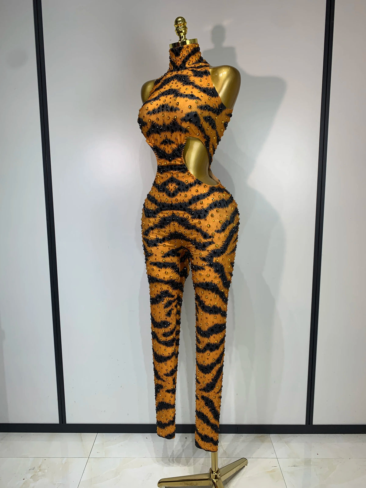 Sparkly Rhinestone Tiger Pattern Bodycon Jumpsuit Halter Stage Costume