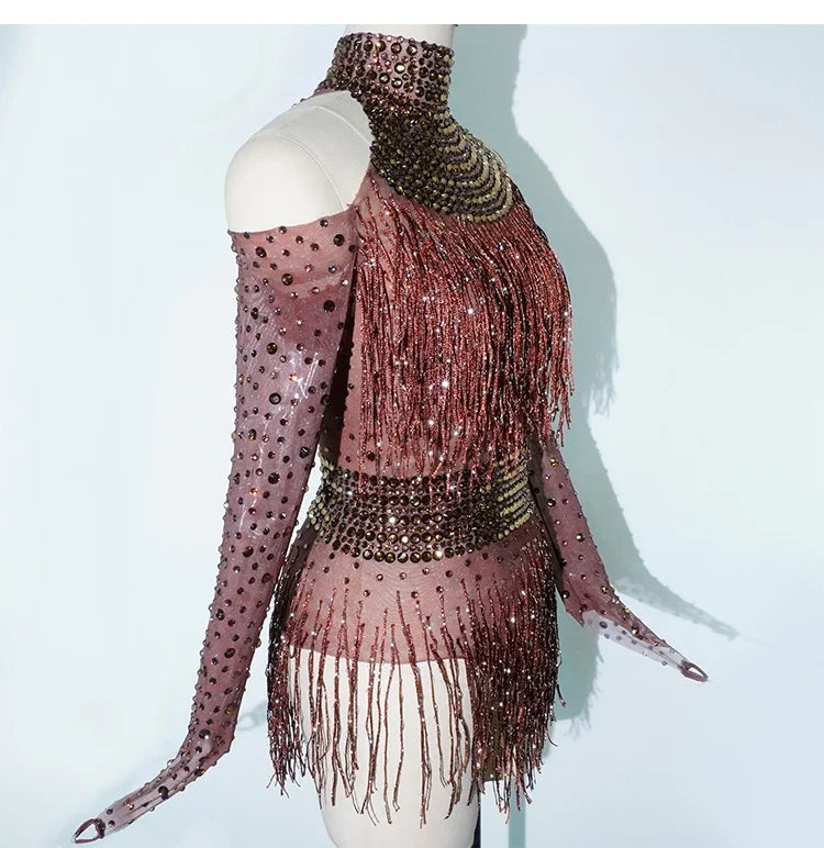Rhinestone Tassel Mesh Performance Bodysuit