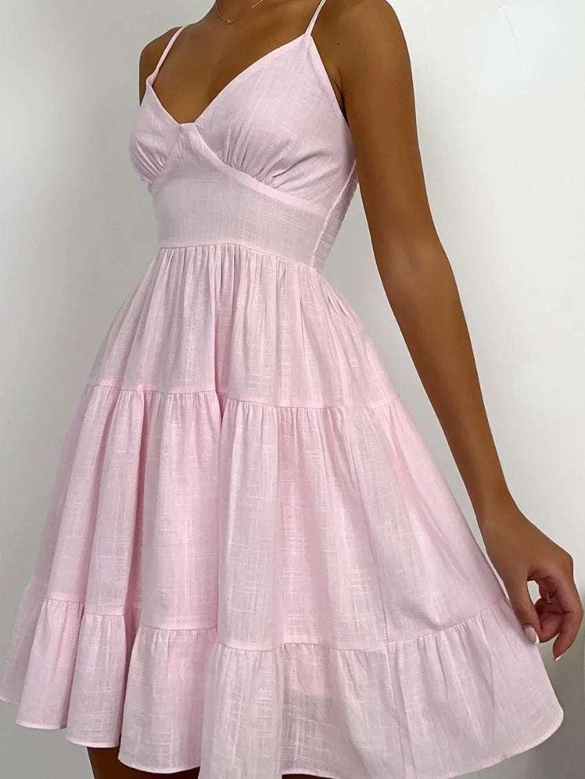 Wolfeel Spring Summer Women's Linen Cotton Dress Vintage  A-line Sling Dress Sexy Hot Girl V-neck Camisole RUFFLES Dress