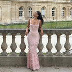 Customized square collar mermaid Evening Dresses spaghetti strap Party Dress 3D Flowers Sequined Lace Appliques Long Prom Gown Luxlife Brands