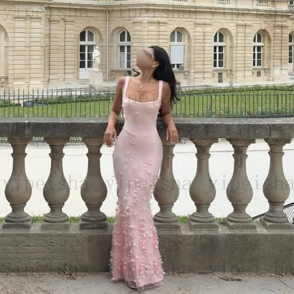 Customized square collar mermaid Evening Dresses spaghetti strap Party Dress 3D Flowers Sequined Lace Appliques Long Prom Gown Luxlife Brands