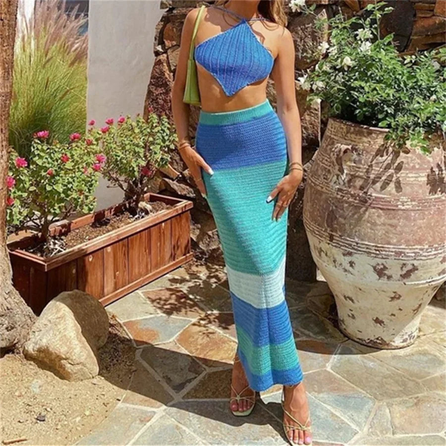 Women Beach Knitting Long Skirt 2022 Summer High Waist Hollow Out Wrapped Pencil Skirts Party Vacation Club Wrap Skirts