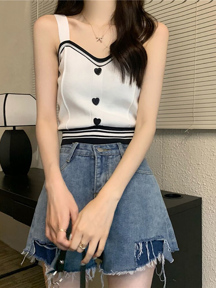 Heliar Women Cute Tops With Buttons Knitted Crop Tops Ladies Camis For Summer Y2K Tops Knit Patchwork Top Women 2023 Summer