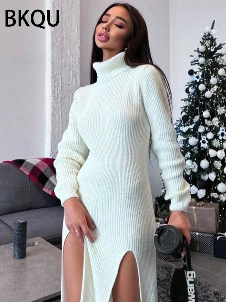 Women's Double Split Ribbed Sweater Midi Dress LUXLIFE BRANDS