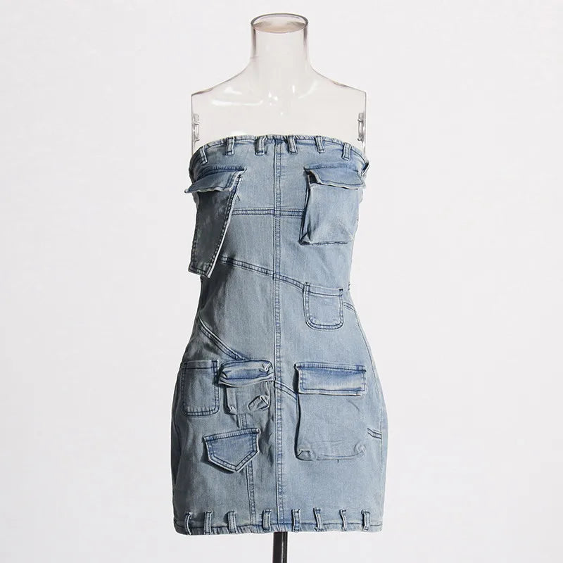 ONEINALL Summer Denim Dresses For Women Strapless Sleeveless Backless High Waist Patchwork Zipper Slimming Mini Dress Female New