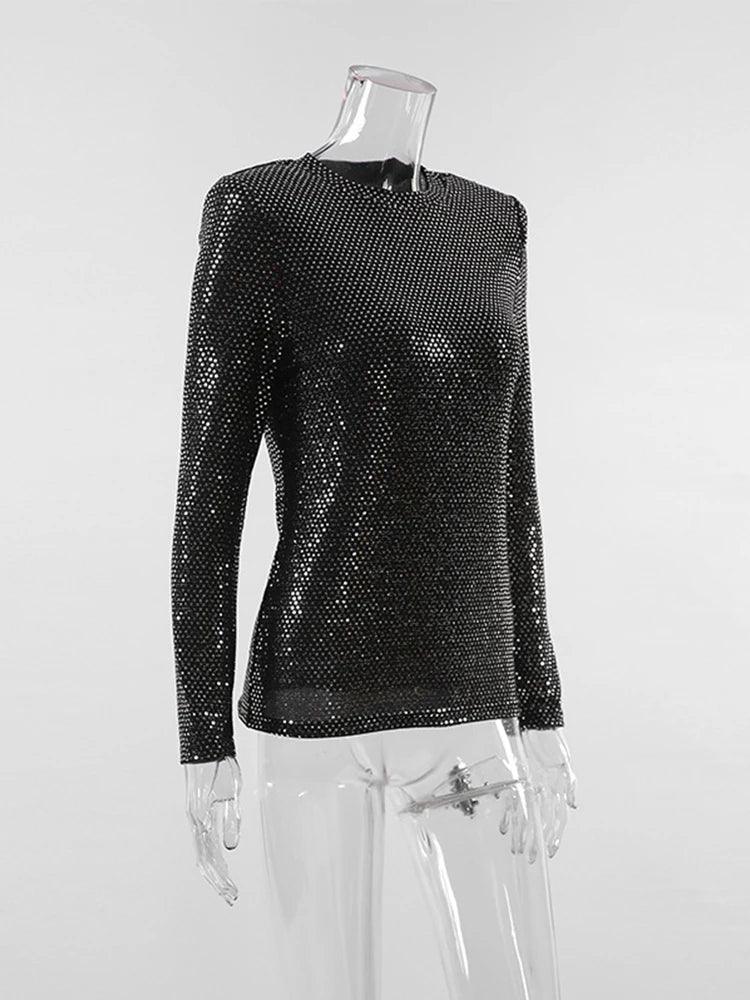 Aynaray 2023 Autumn Winter Women Office Slim Pullover Tops Solid Black Bodycon O-neck Long Sleeve Brightly T-shirts Female Luxlife Brands