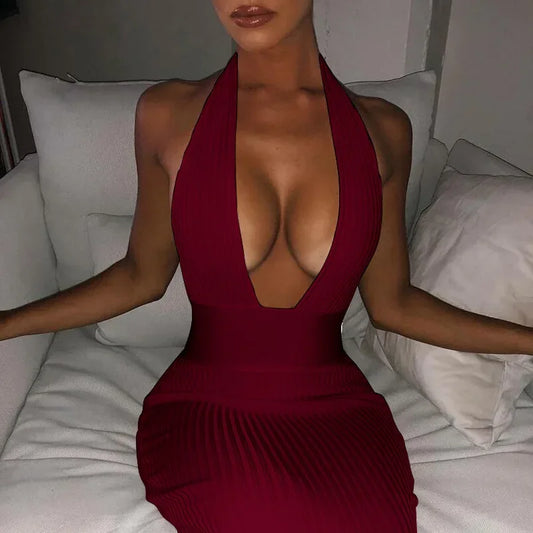 Party Bodycon Dresses Summer Sexy Knitted Halter Maxi Dress for Women Strench Backless Long Club Outwear Vestidos 2023 Red Black