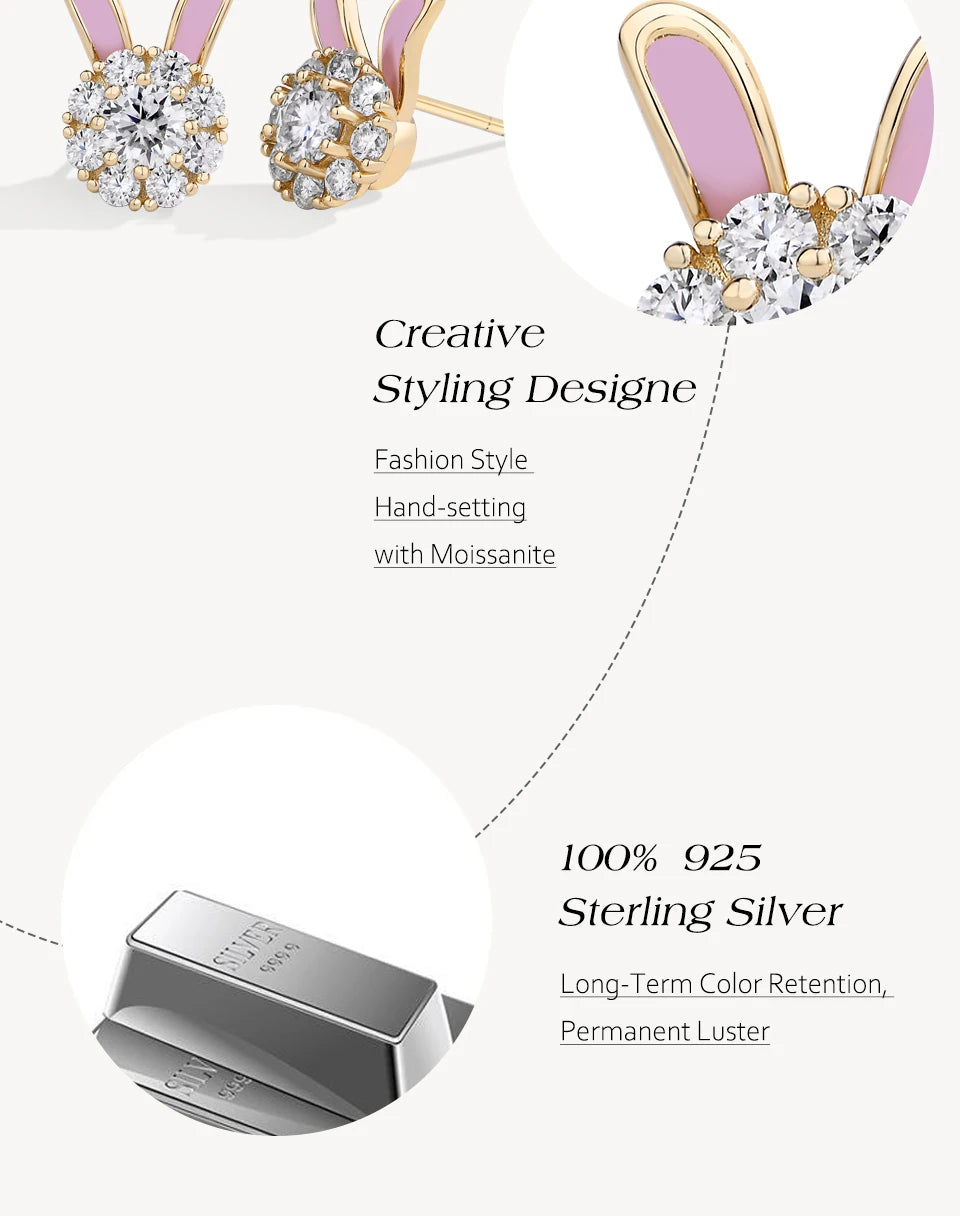 ATTAGEMS S925 Sterling Silver Moissanite Diamond Earrings Enamel Design Rabbit Shape For Women Girls Birthday Gifts Fine Jewelry Luxlife Brands