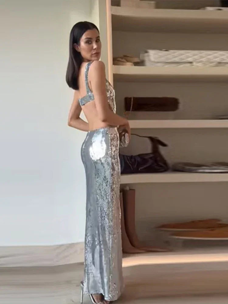 Supreme Silver Maxi Evening Dress LUXLIFE BRANDS