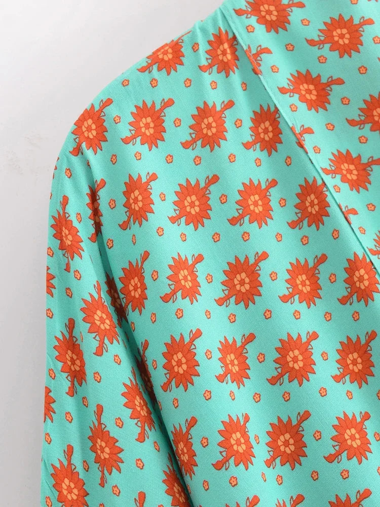 Vintage Green Floral Boho Kimono Short Beach Robe