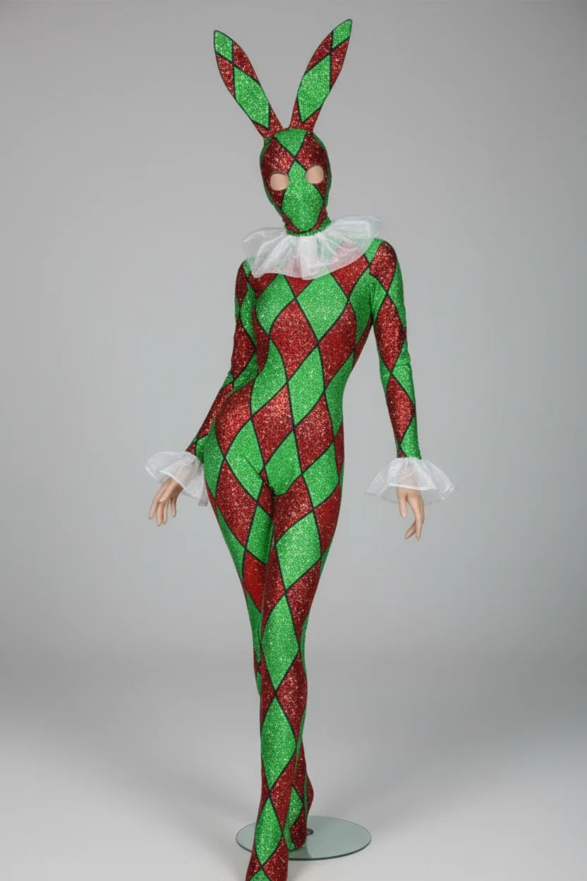 Futuristic Geometric Rhinestone Bunny Bodysuit – Luxury Showgirl Stage Costume & Exotic Festival Leotard with Statement Collar
