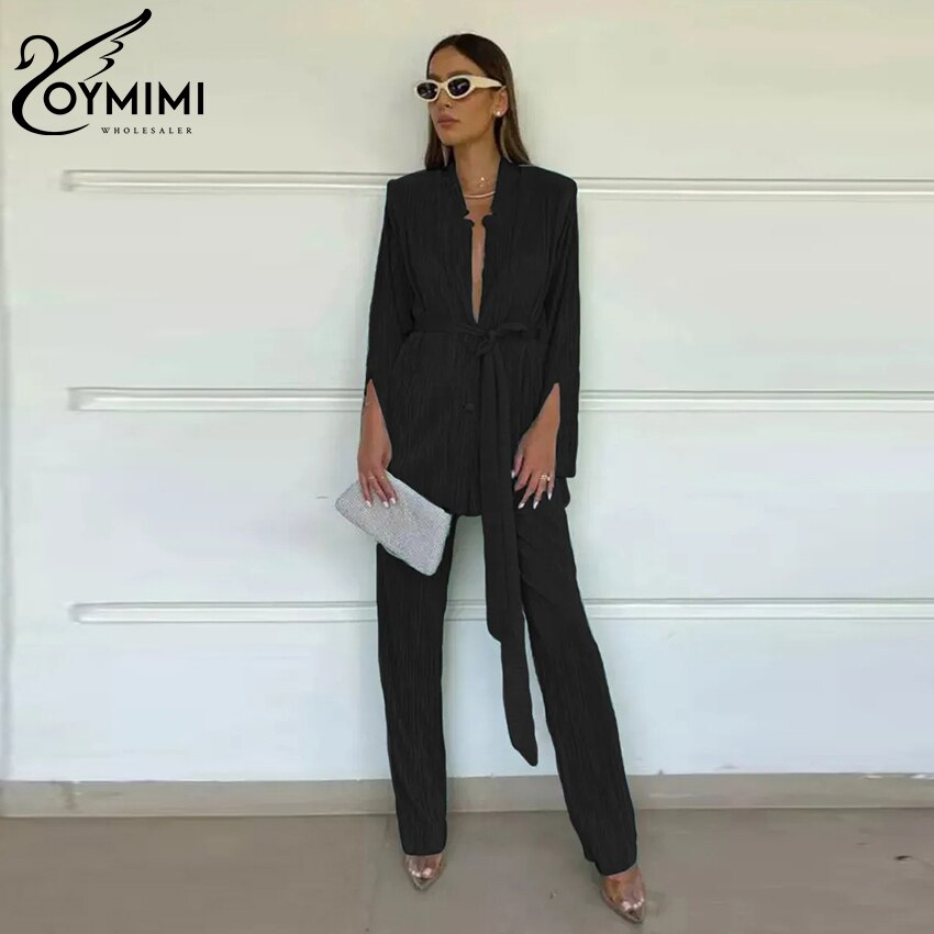 Oymimi Sexy Black Pleated 2 Piece Sets Women Outfit Fashion Loose Slit Long Sleeve Lace-Up Top With High Waist Pants Set Female