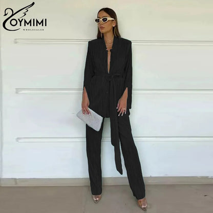 Oymimi Sexy Black Pleated 2 Piece Sets Women Outfit Fashion Loose Slit Long Sleeve Lace-Up Top With High Waist Pants Set Female