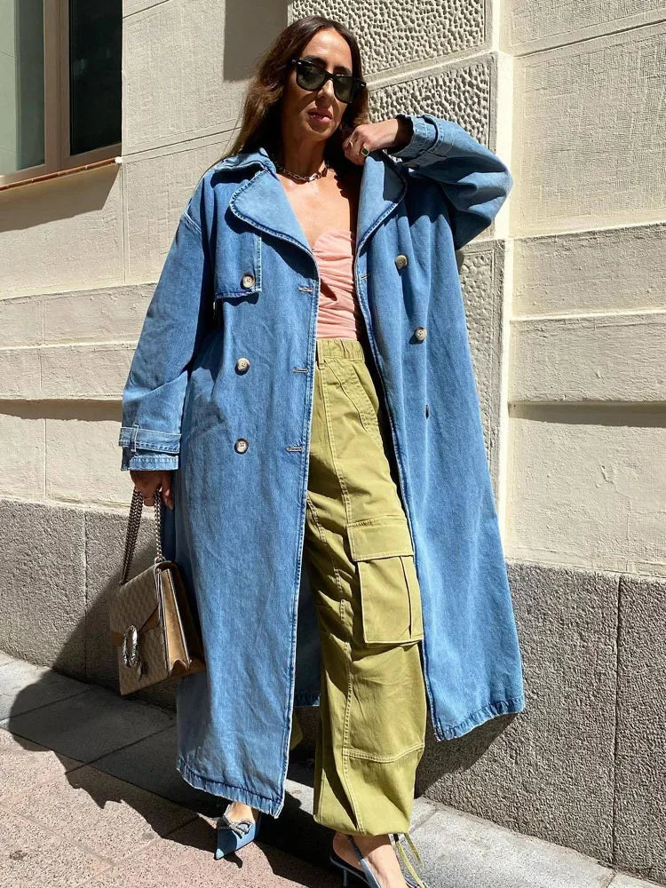 Denim Trench Coats For Women Belt On Waist Slim Jean Coats Ladies Jaqueta Feminina Blue Jean Jacket Woman LUXLIFE BRANDS
