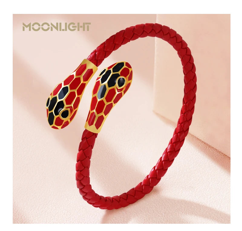 Double Snake Head Cuff Bangles Braided Leather