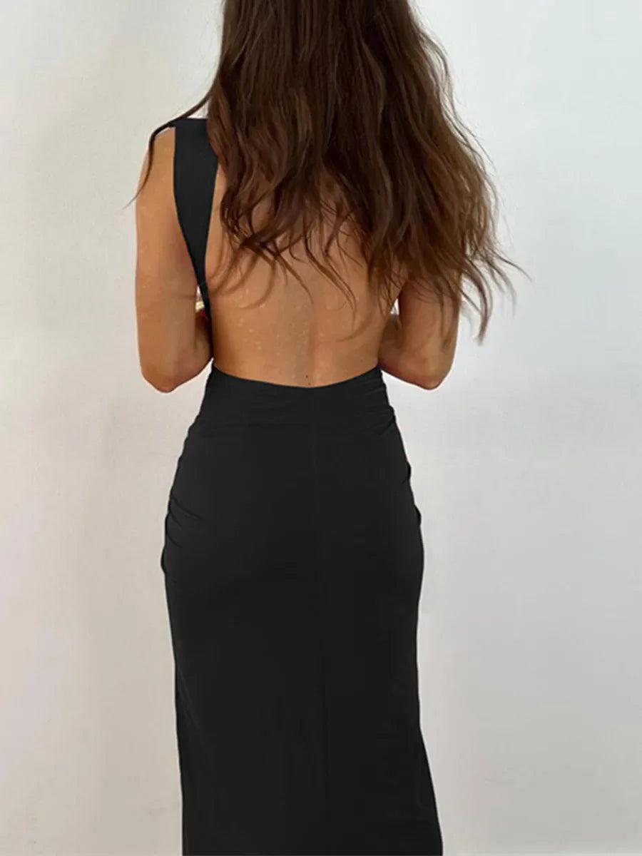 Fashion Backless Wrapped Slit Bodycon Dress for Women Summer Elegant Fashion Sleeveless Deep V Neck Twist Ruched Long Tank Dress LUXLIFE BRANDS