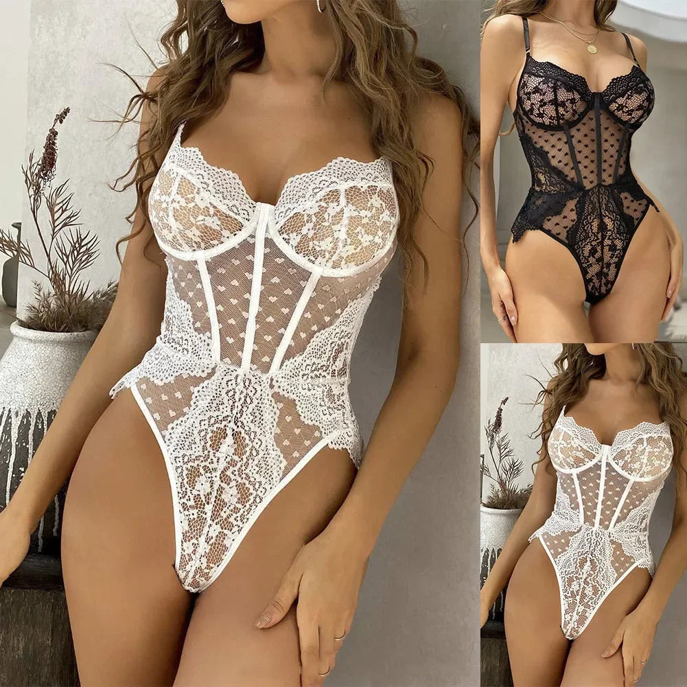 Sexy Lingerie Bodysuit Lace See Though Teddy  Women Nightwear Clubwear  Regular Length  Solid Color  Black  White