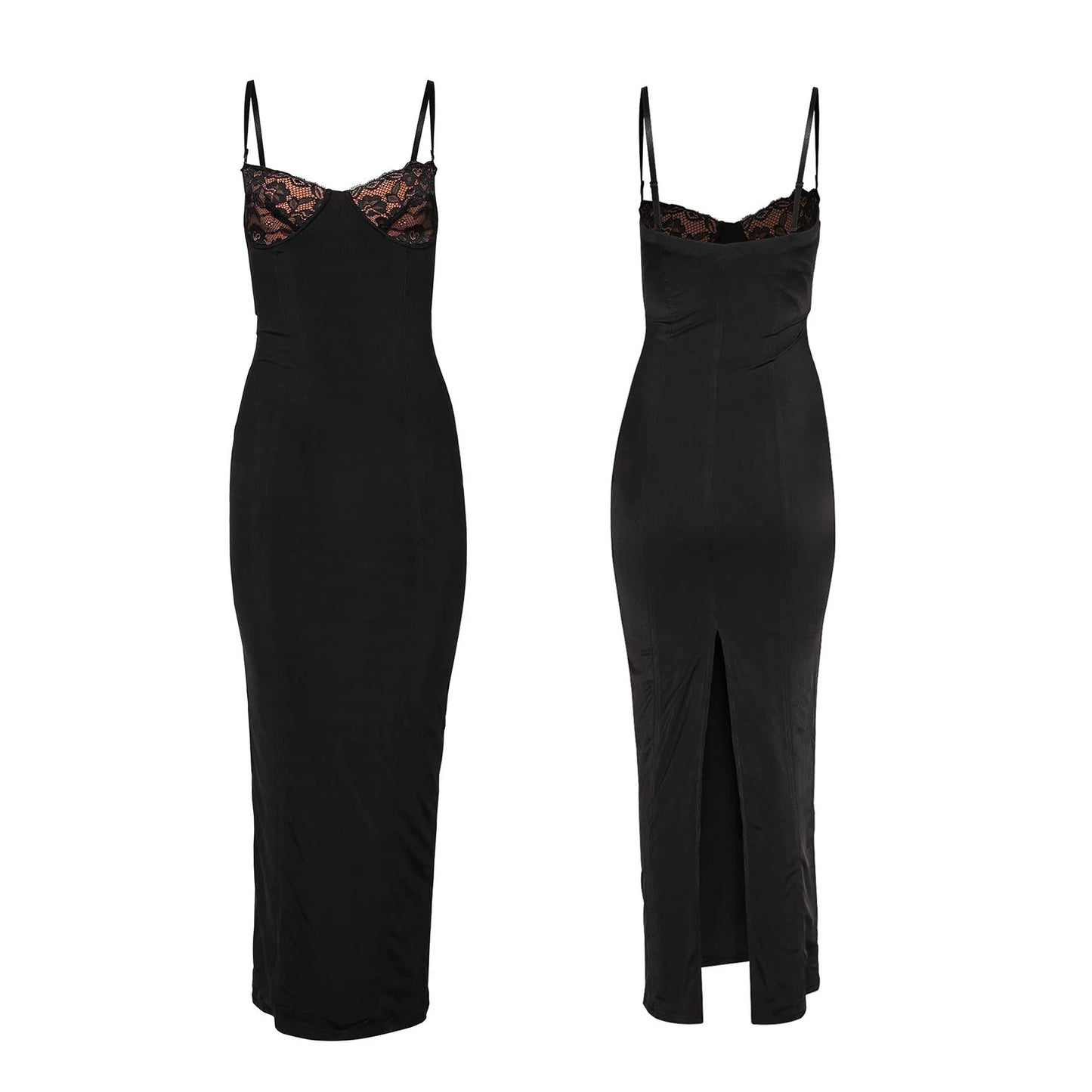 Puloru Spaghetti Straps Bodycon Long Party Dresses 2023 Vintage Black Gown Vestidos Women Sleeveless Lace Spliced Low Cut Dress