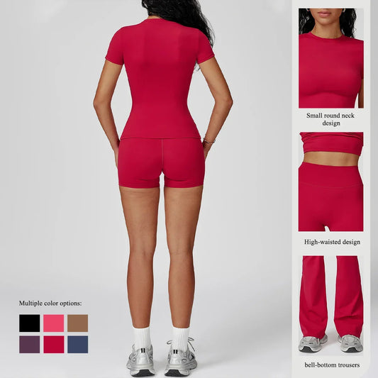 Hearuisavy Women 2 Piece Sport Pants Set Gym Sportswear Workout Short Sleeves Female Push Up Yoga Pants Running Fitness Clothing