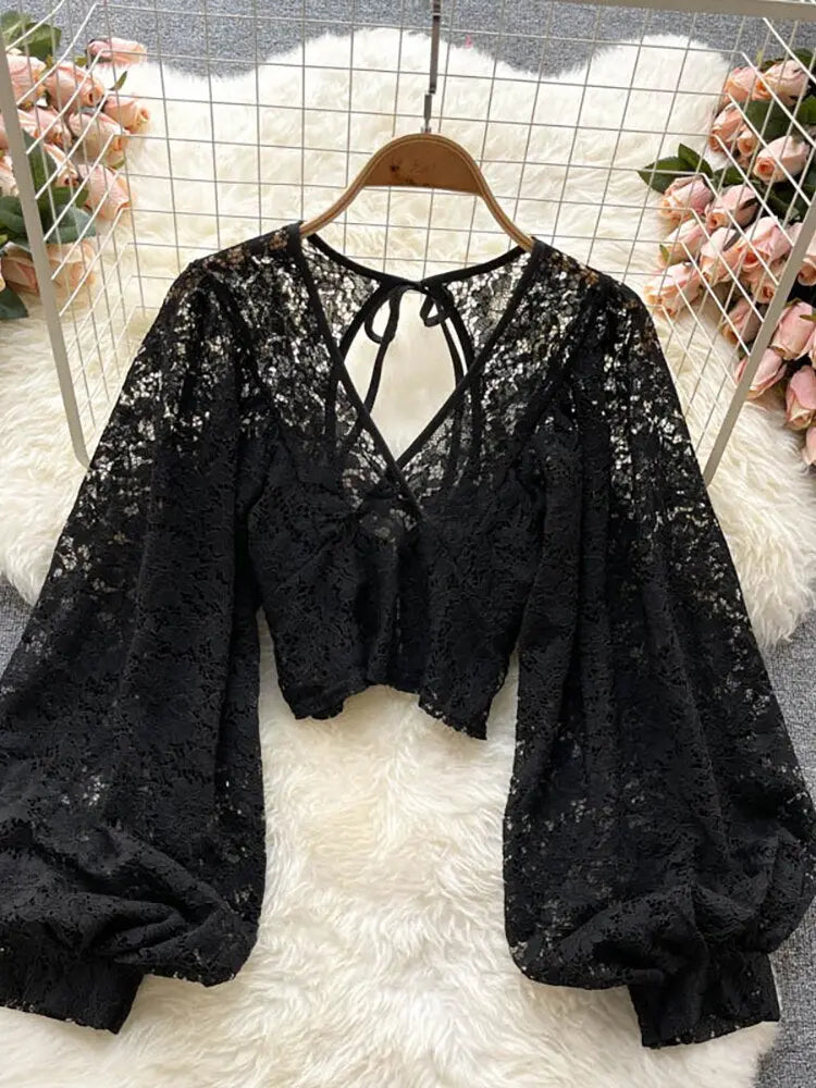 Autumn Black/White/Brown Sexy Lace Blouse Women Elegant V-Neck Puff Long Sleeve Open Back Short Tops Female Party Blusas 2021