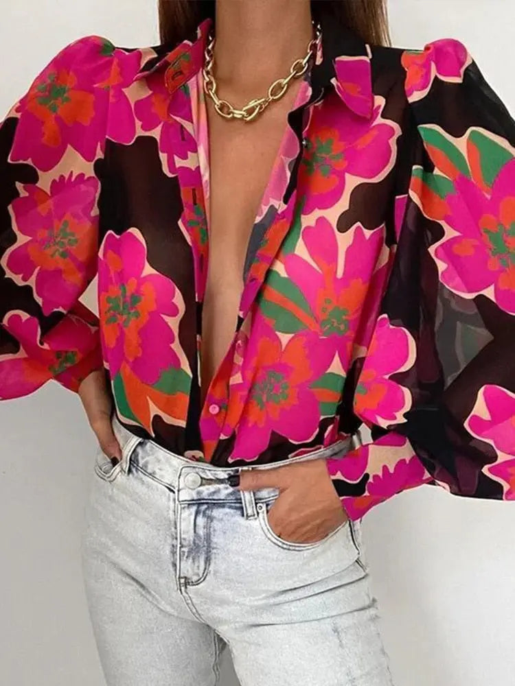 Women&#39;s Floral Print Puff Sleeve Shirt Female Elegant Casual V Neck Shirts 2023 Spring Summer Ladies Tops Blouses Vintage Blouse