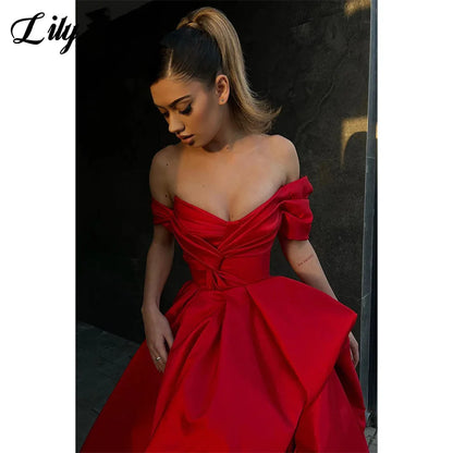 Lily Off the Shoulder Red Prom Dresses Side Split Pleat A Line Evening Dress V Neck Formal Occasion Dresses Stain فساتين الحفلات