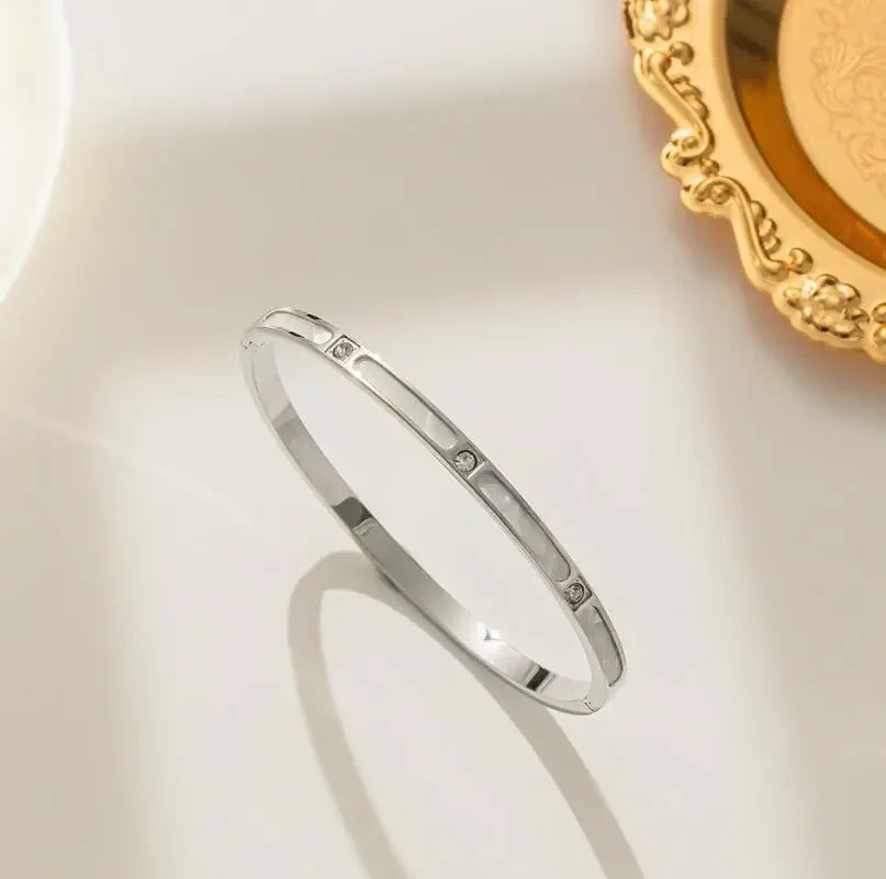 Luxury Natural Shell With Zircon Bangle Bracelets Stainless Steel for Woman's Jewelry Rose Gold Color Wristband Bangles Gift