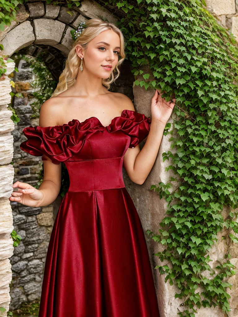 Sexy off-the-shoulder long princess style A-line satin prom dress with Ruffled sleeves SelenaHuanStudio
