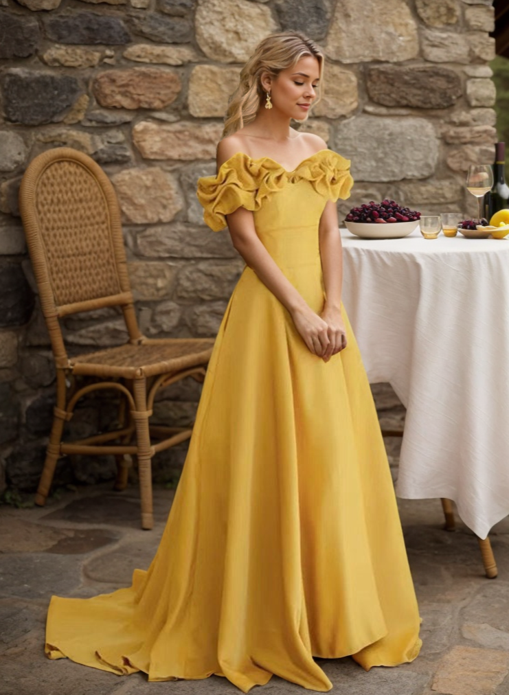 Sexy off-the-shoulder long princess style A-line satin prom dress with Ruffled sleeves SelenaHuanStudio