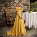 Sexy off-the-shoulder long princess style A-line satin prom dress with Ruffled sleeves SelenaHuanStudio