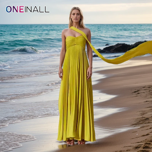 ONEINALL Solid Wedding Evening Long Dresses For Women Strapless Sleeveless Backless High Waist Elegant Folds Dress Female Summer